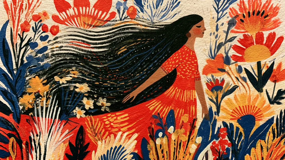 Storybook illustration of a woman with flowing hair moving through a field of bold blooming flowers