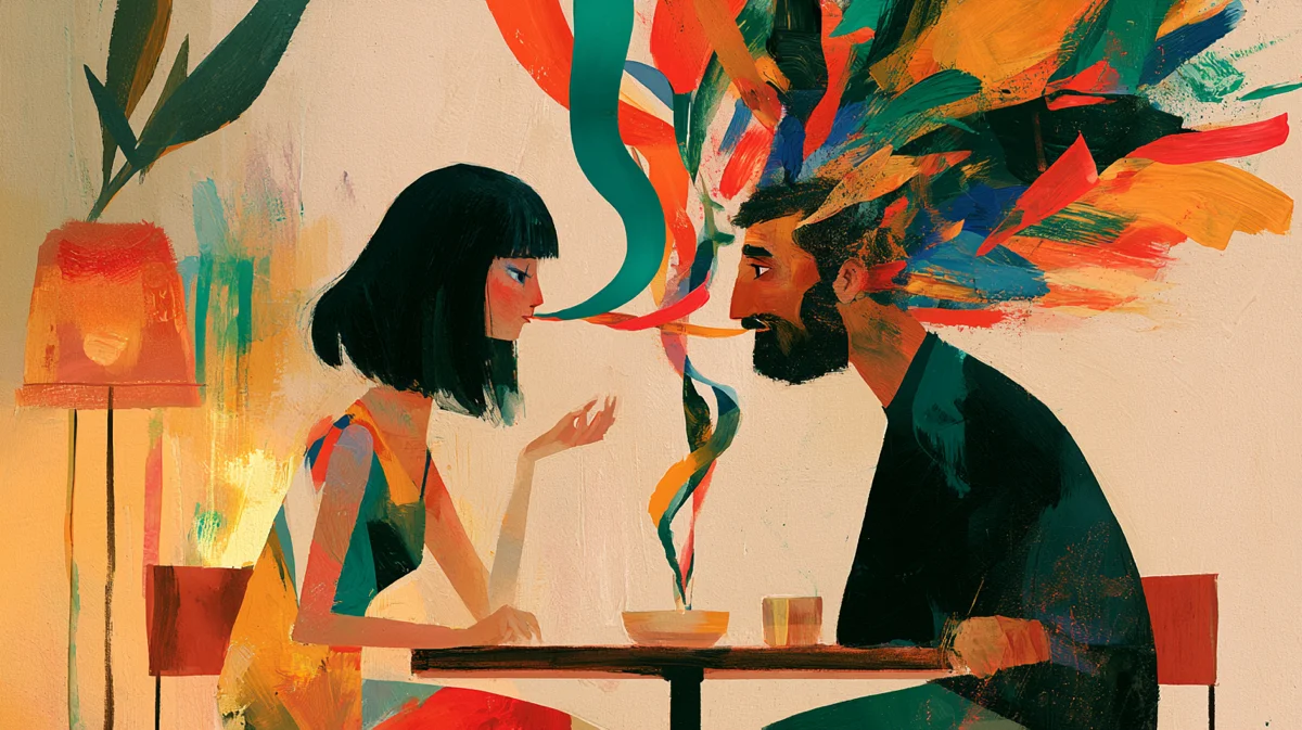Storybook illustration of two people talking across a cafe table, their words flowing as smooth and tangled ribbons