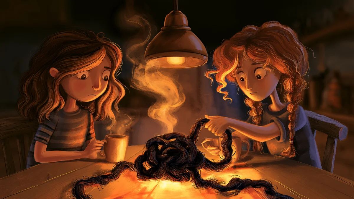 Storybook illustration of two people at a lamplit kitchen table beginning to untangle a dark knot lying between them