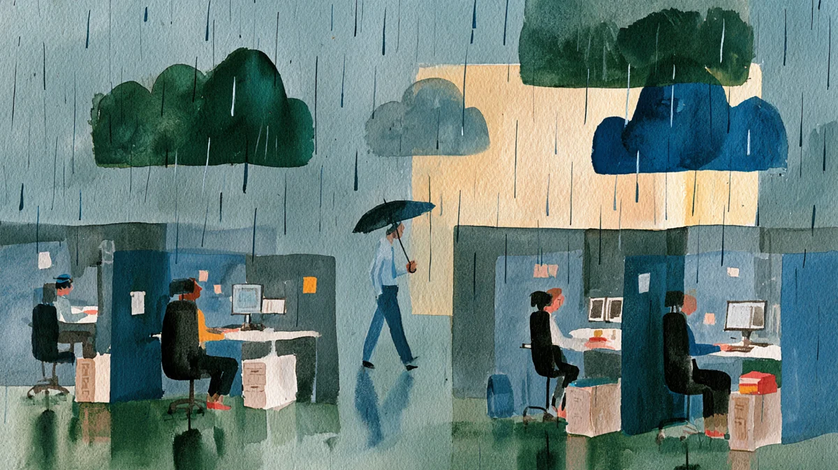 Storybook illustration of an office where a private rain cloud hangs over each desk and one person carries an umbrella between them