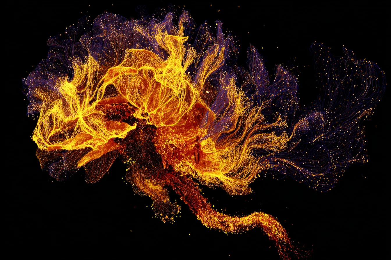 Translucent organic neural mass in sagittal cross-section, near-black background