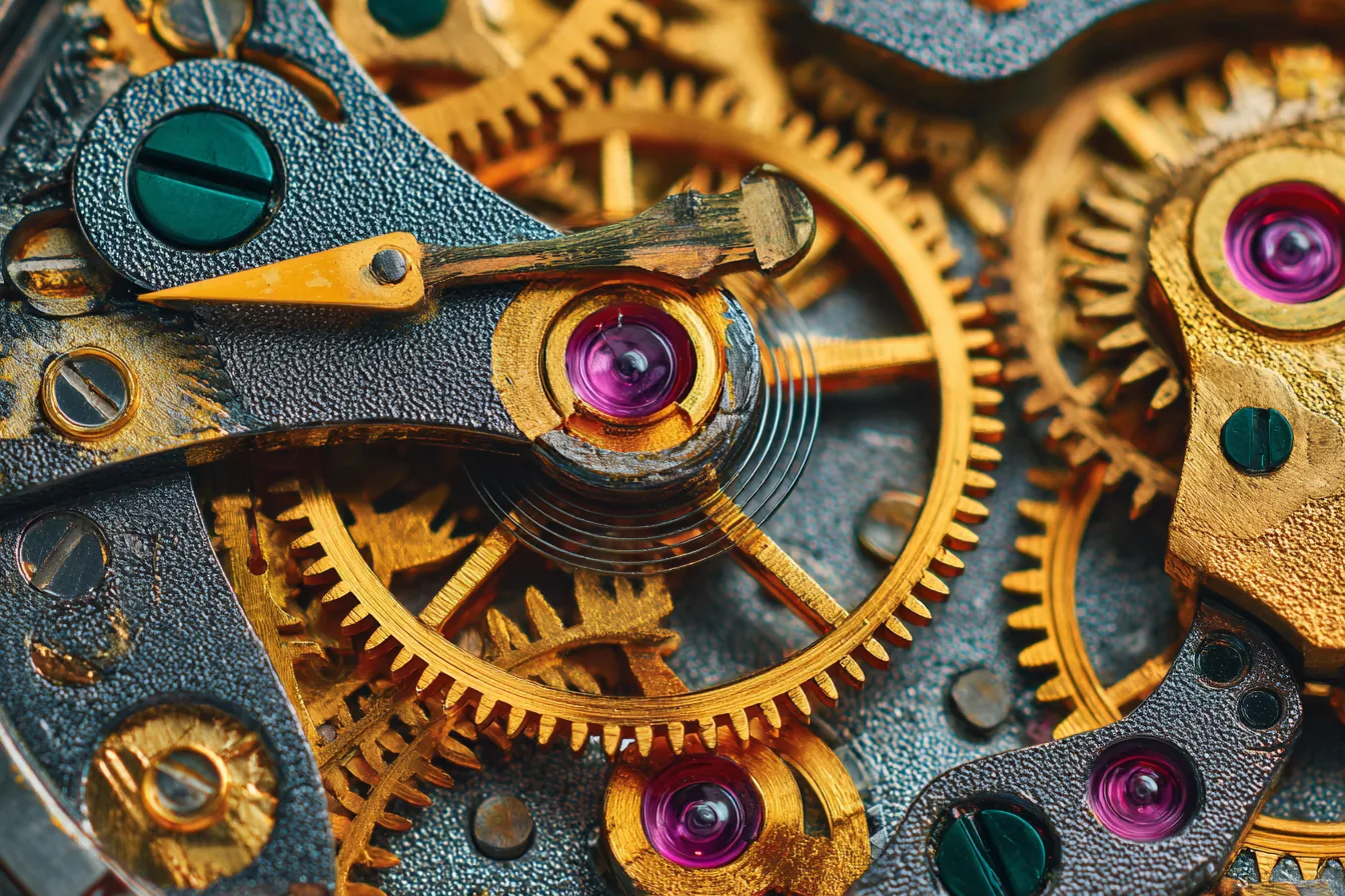 Extreme close-up of precision clockwork gear train, largest gear frozen mid-rotation