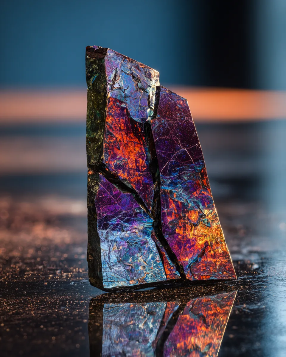 Single cracked mirror shard standing upright on bare obsidian, reflecting a narrow amethyst violet vertical beam of light that arrives straight but exits bent
