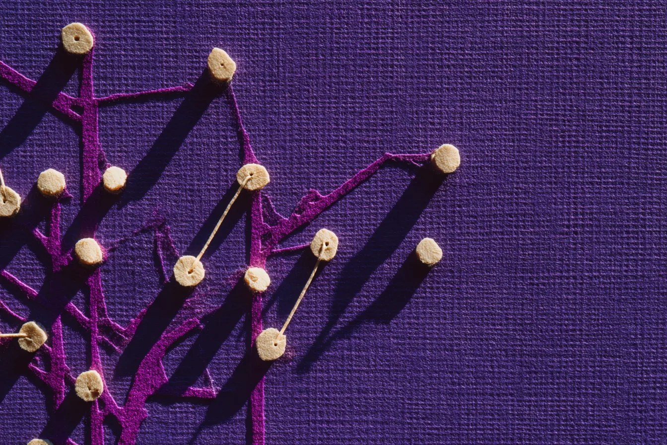 Sparse architectural blueprint pinned to matte black board, only geometric nodes and branching connectors visible in thin amethyst violet lines