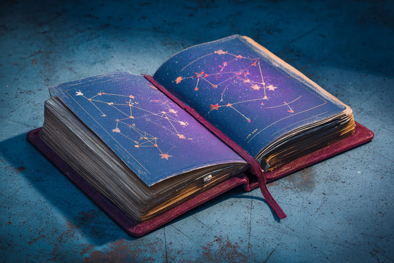 Small leather journal open on matte obsidian surface, right-hand page bearing a sparse branching decision tree in faint amethyst violet ink, only geometric nodes and lines