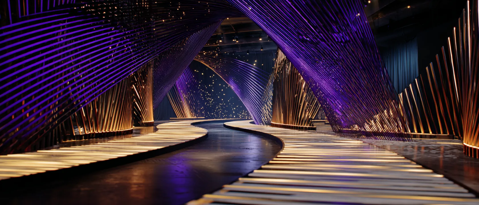 Two luminous pathways, one a fluid continuous arc, one an angular segmented rail, converging at a single suspended amethyst violet node in near-black void