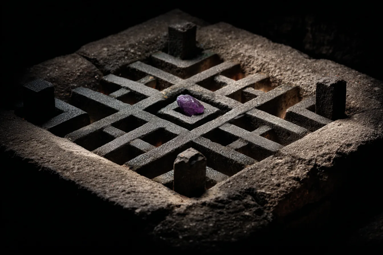 Overhead view of sparse grid on dark stone, eight matte charcoal tokens arranged in two opposing clusters across the grid