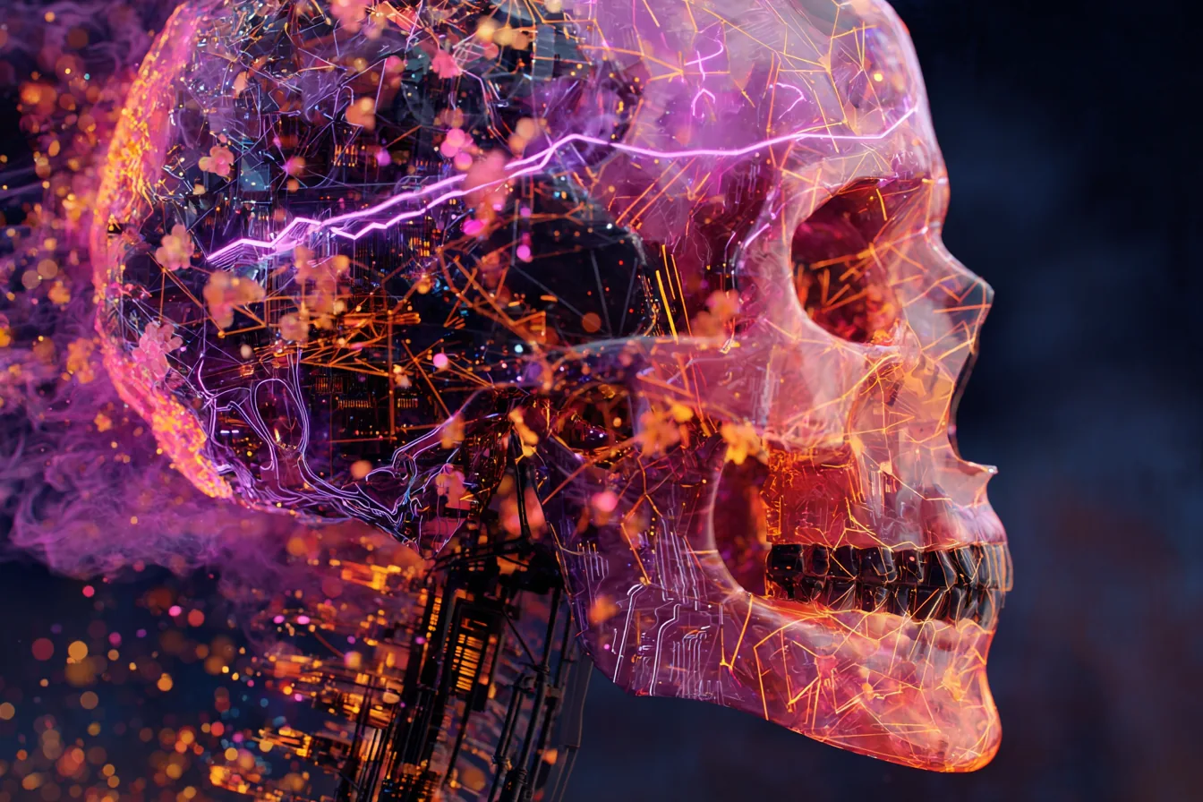 Abstract cranium silhouette rendered as dark particle cloud, bisected by a single narrow amethyst violet volumetric shaft of light