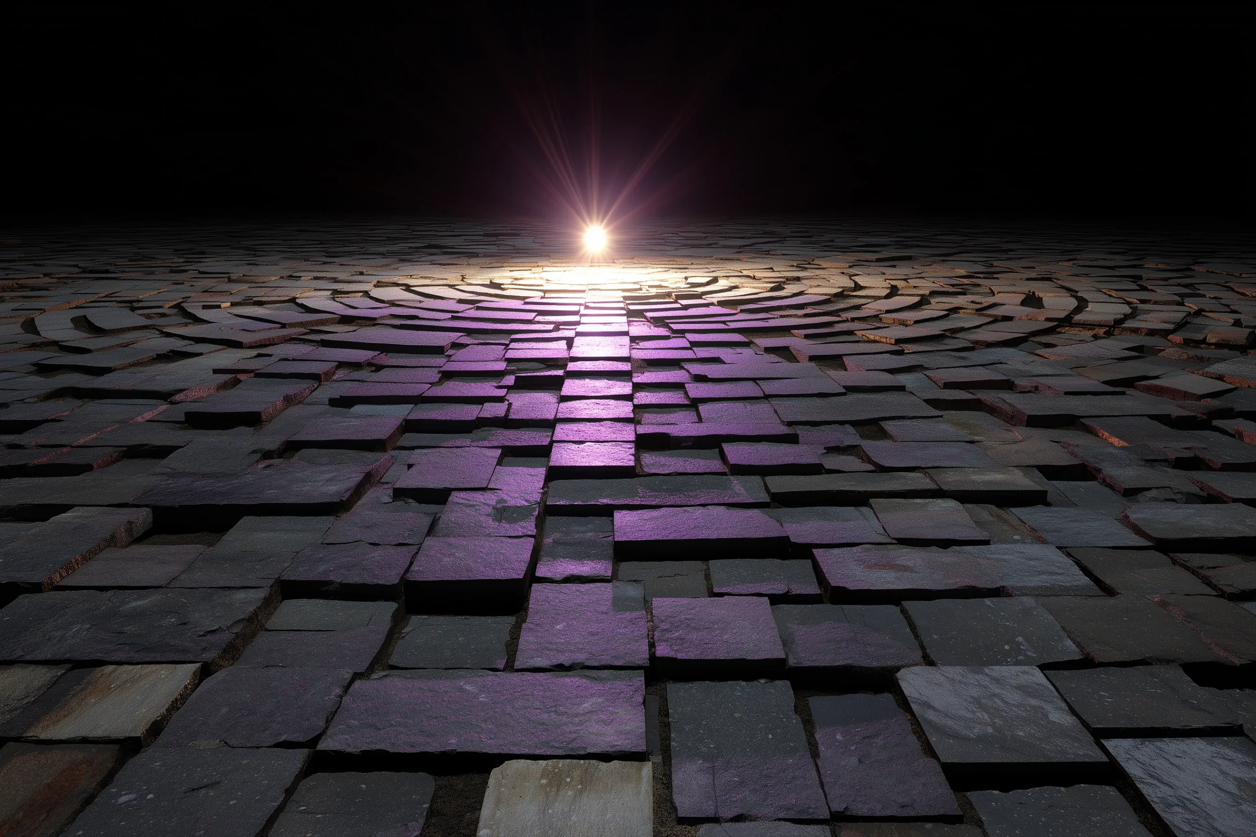 Low-angle view of an obsidian grid plane extending to the horizon, illuminated by a single amethyst violet spotlight overhead casting a perfect cone of light onto the centre square