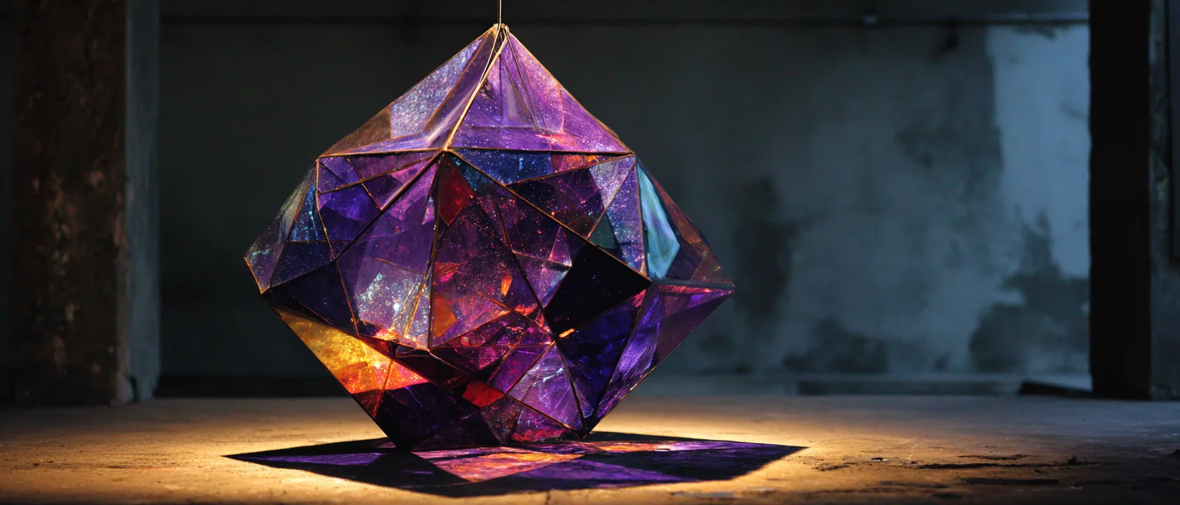 Translucent geometric polyhedron, a truncated octahedron, suspended motionless in near-black void, left third empty darkness