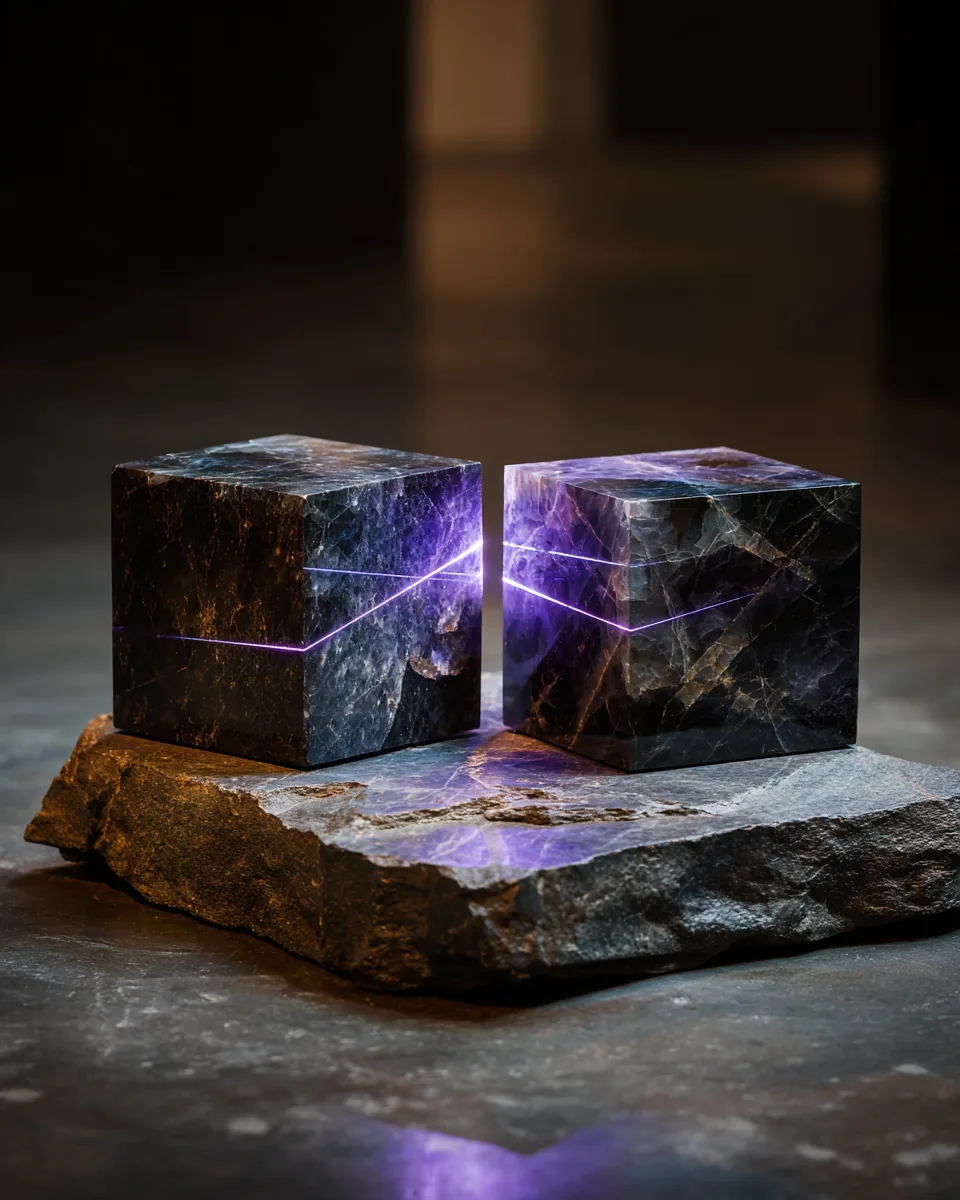 Two identical polished stone cubes facing each other across a narrow gap on dark slate, a thin amethyst violet laser-line bridging the gap at exactly their midpoints, where the line neither breaks nor merges the cubes
