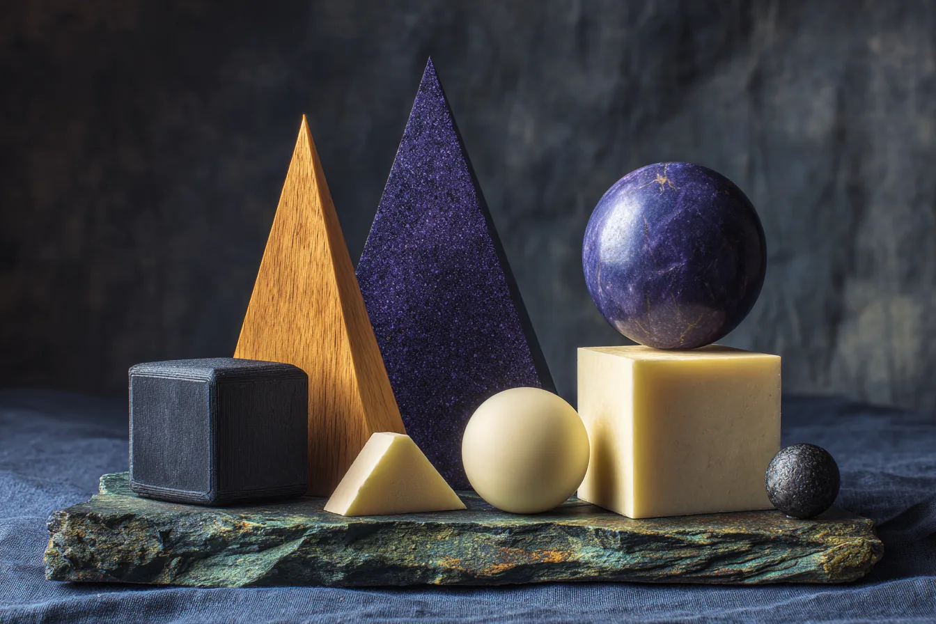 Collection of small geometric solids: cube, sphere
