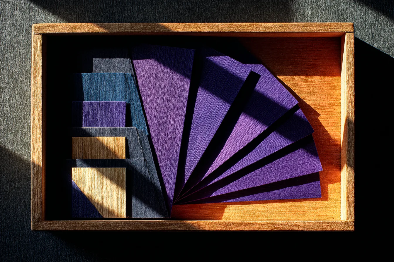 Sparse wooden index-card tray on matte obsidian, a small fan of blank ivory cards arranged at slight angles