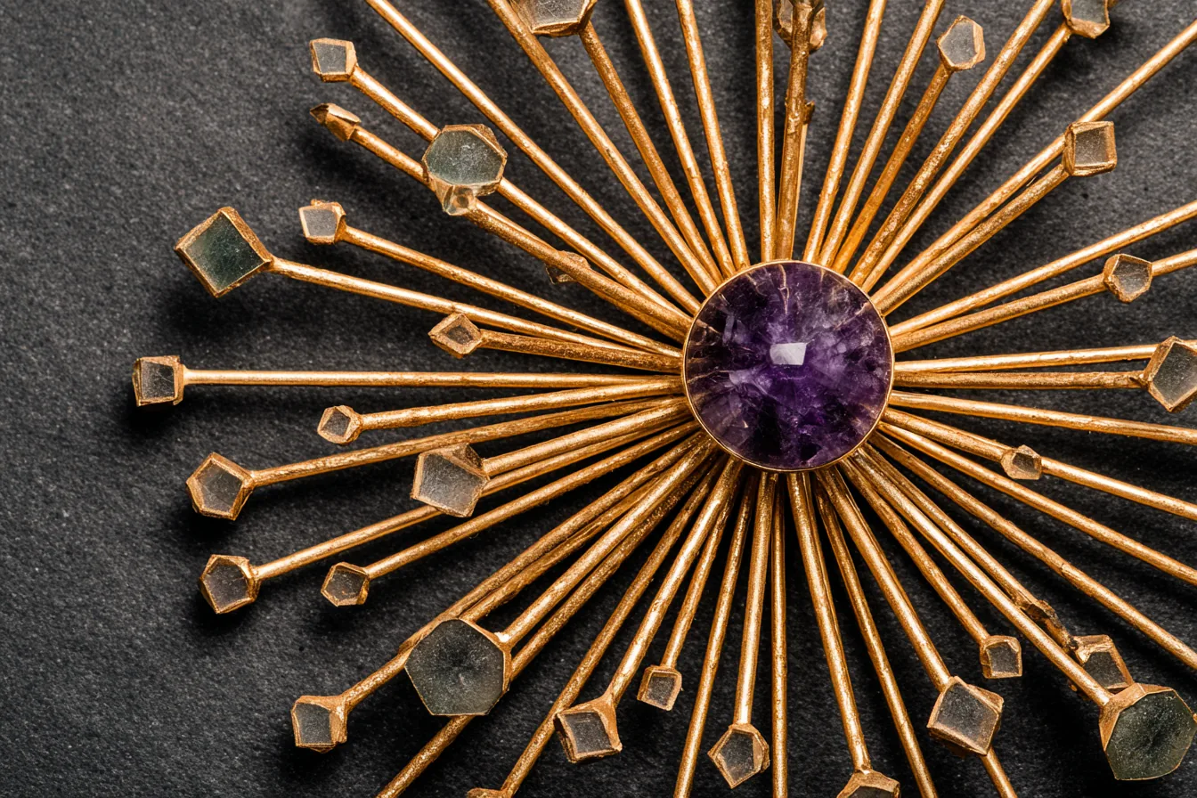 Radial spoke arrangement of five thin brass rods extending from a central amethyst violet node sphere, each rod ending in a different small geometric object: a cube
