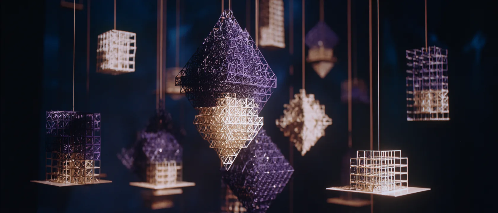 Crystalline geometric lattice, a nested recursive structure suggesting a mental model library, suspended in near-black void, left third pure empty darkness
