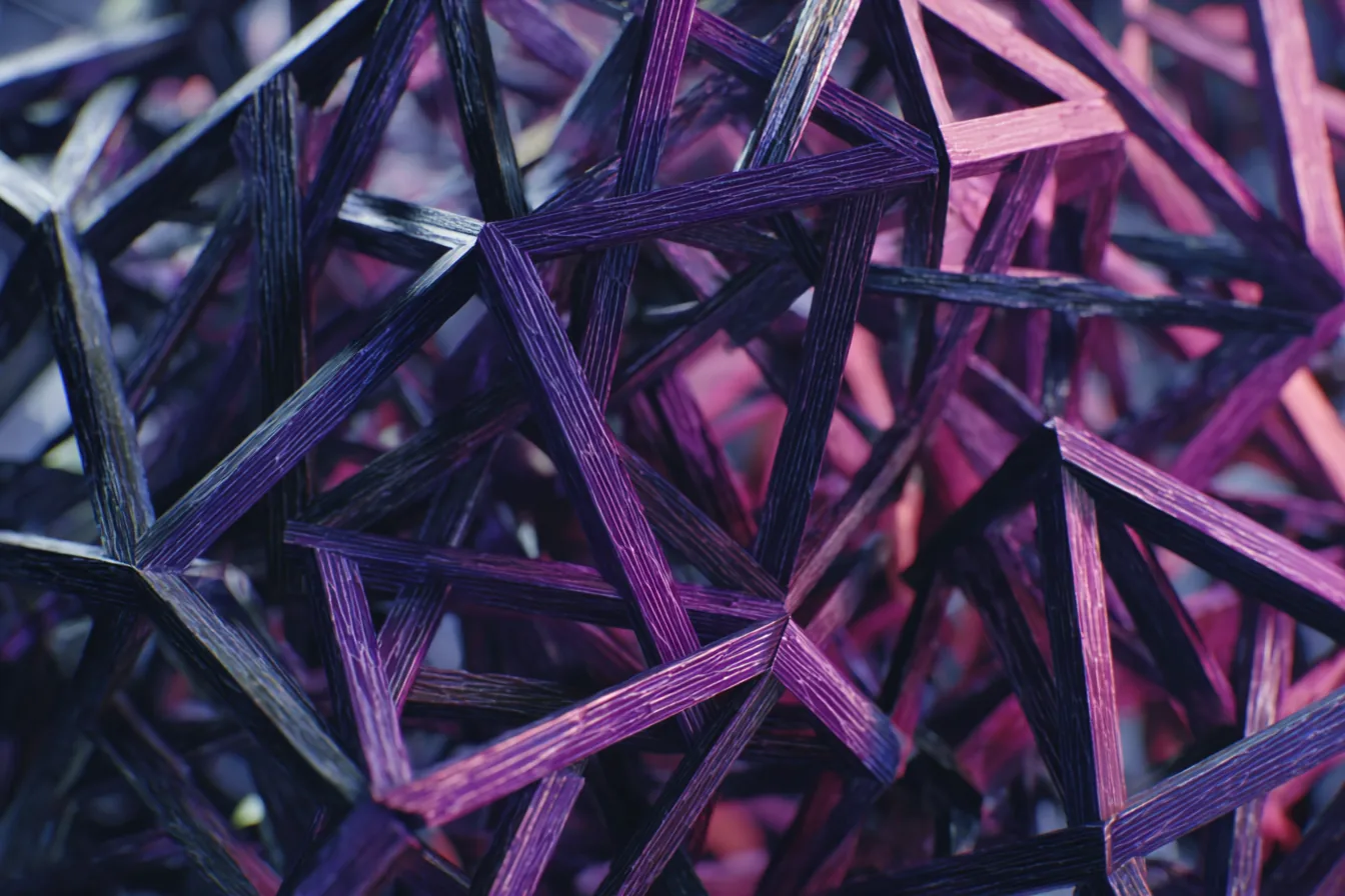 Complex lattice of thin amethyst violet geometric struts assembling in three-dimensional space from near-black darkness, some struts bright and solid