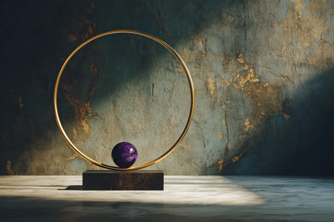 A thin circular wire hoop suspended above matte dark stone, casting a perfect elliptical shadow below