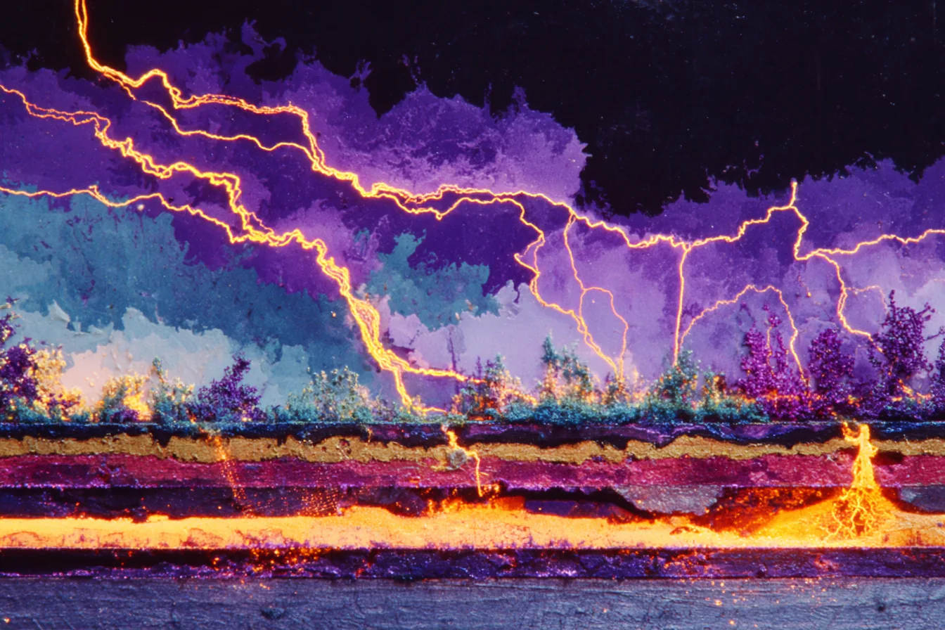 Cross-section of abstract neural architecture as dark blueprint, glowing amethyst violet circuit pathways trace the upper cortical region in bright solid lines