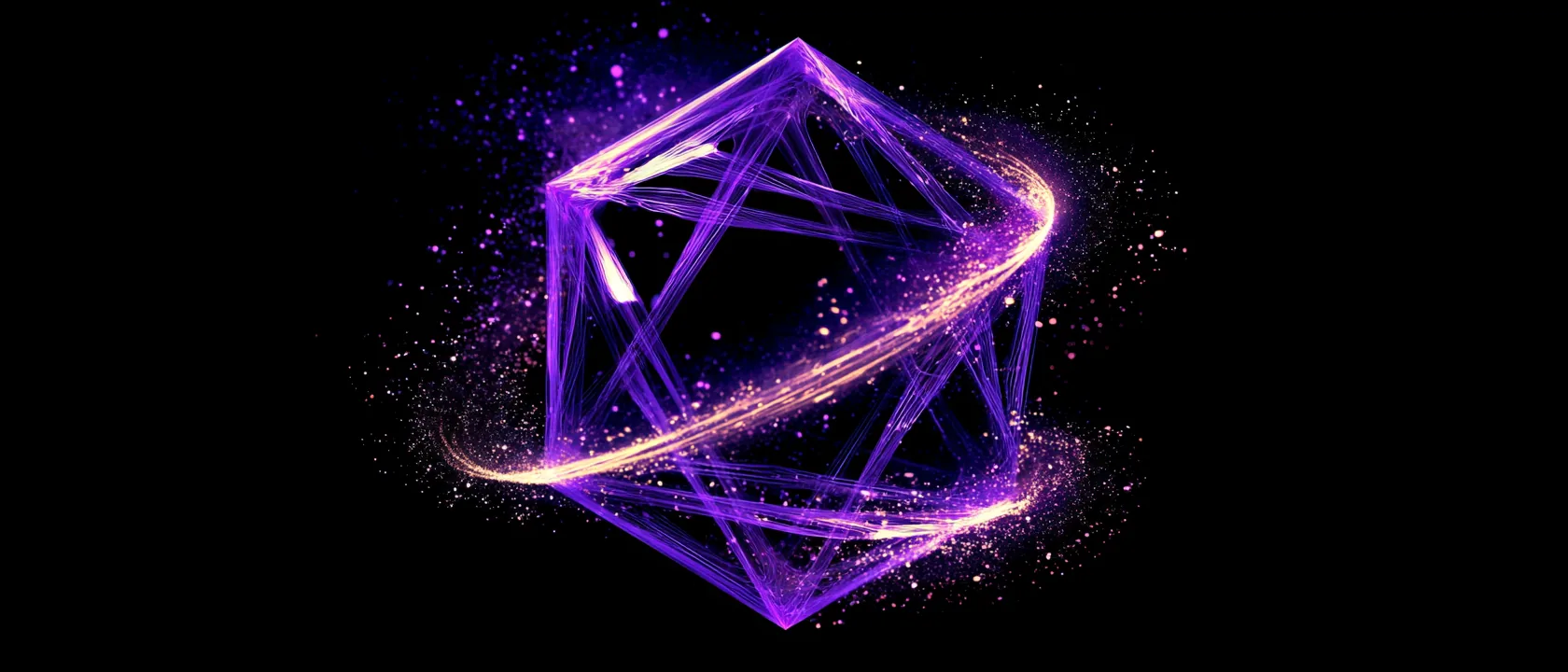 Single glowing amethyst violet light-trace forming a perfect loop around a dark geometric octahedron suspended in near-black void, left third pure empty darkness