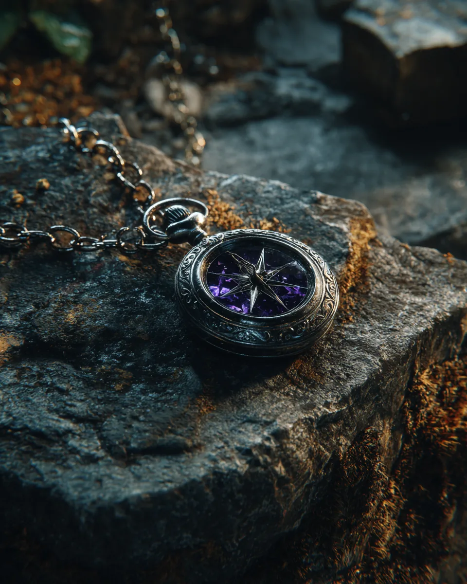 Single silver stopwatch lying face-up on dark stone, its circular dial catching a narrow amethyst violet raking beam from the left