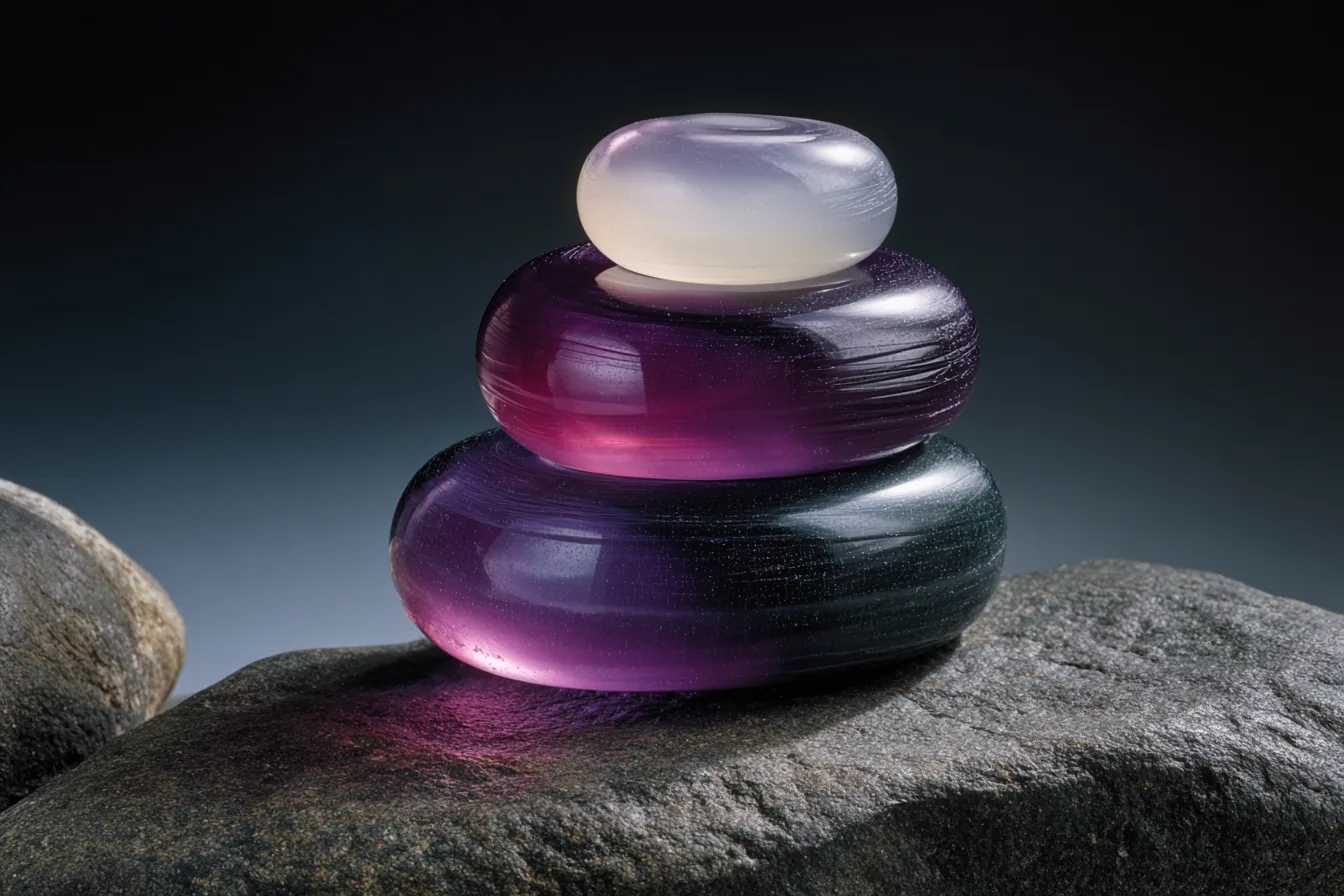 Three stacked translucent glass discs of different opacity on dark stone, the topmost nearly clear