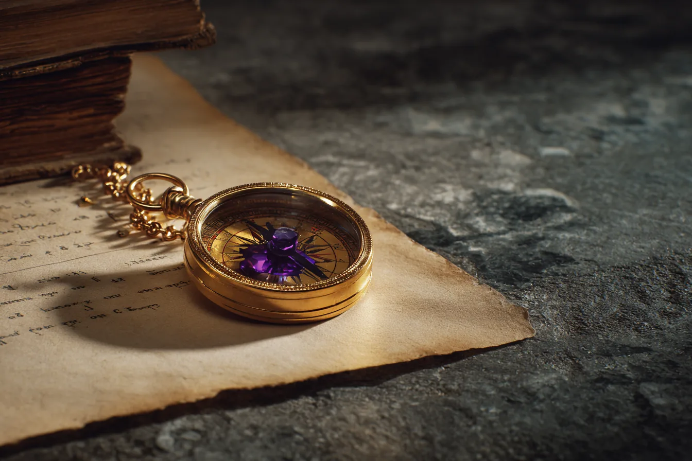Single brass compass lying on aged paper on dark stone, needle pointing toward an amethyst violet horizon glow at the frame edge