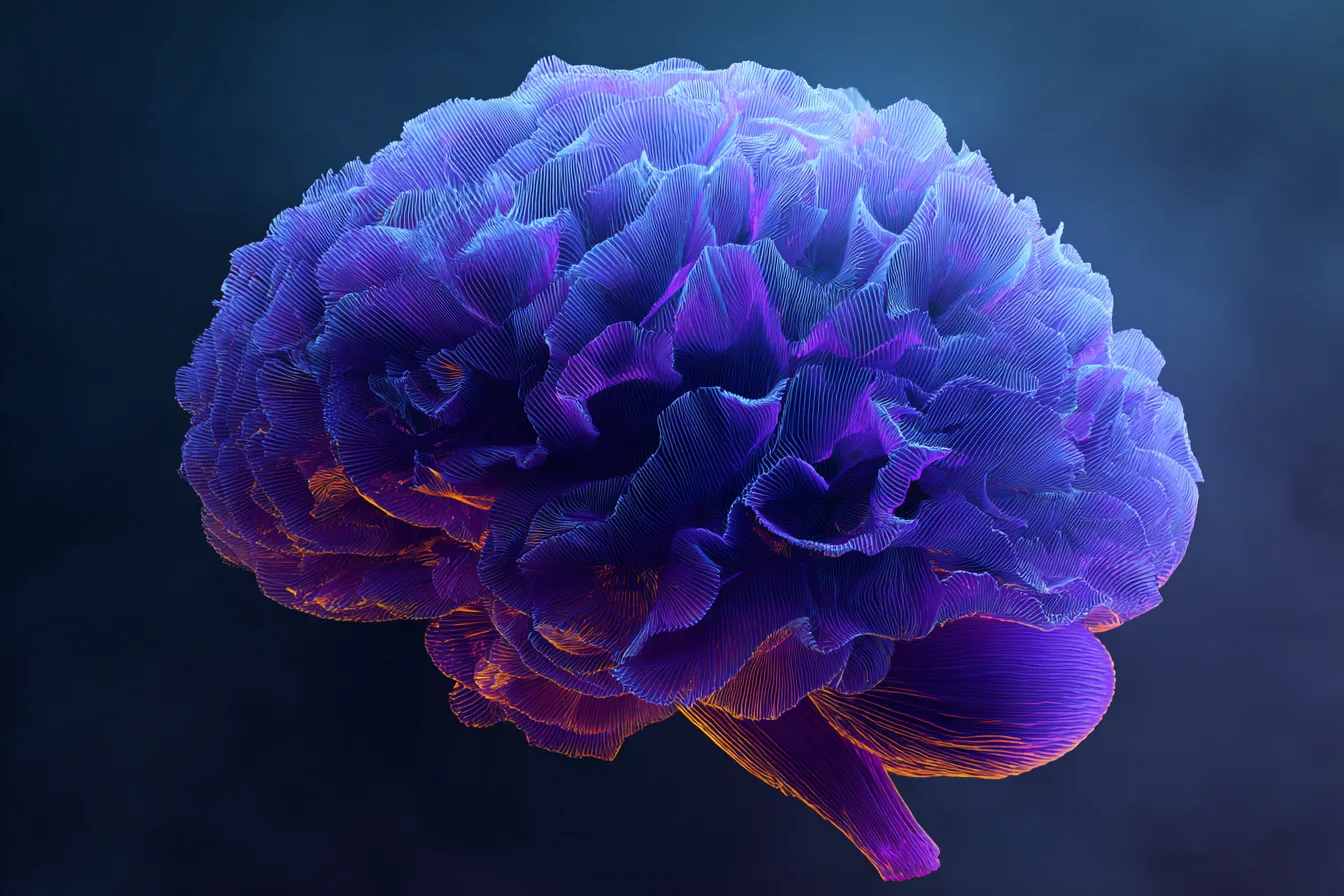 Isolated human brain rendered as dark translucent sculpture floating in near-black space, interior lit by a single amethyst violet bioluminescent pulse cascading through cortical folds