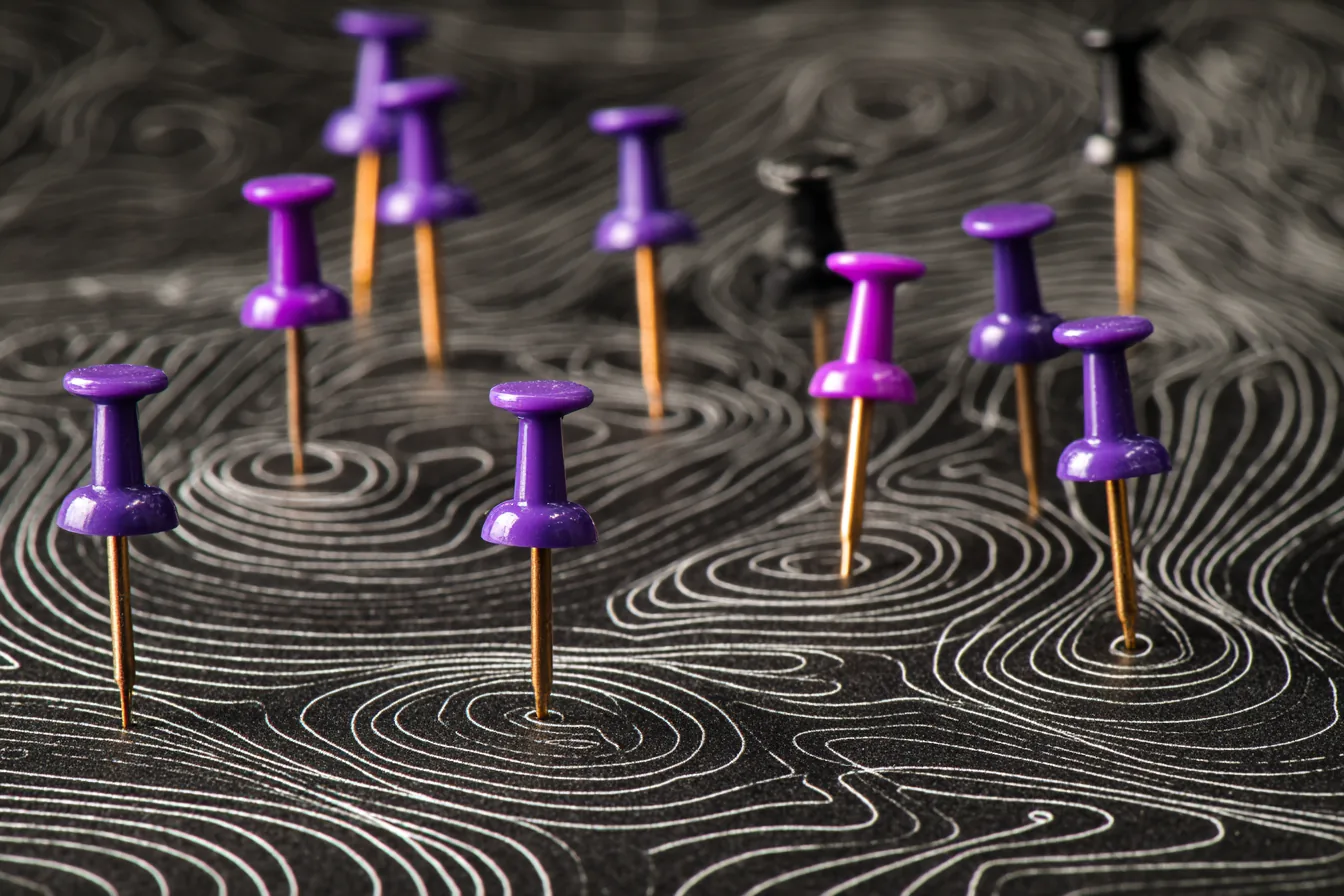 Overhead view of a dark cartographic surface with faint contour lines in charcoal, a cluster of small amethyst violet marker pins at different positions connected by fine ivory thread forming a constellation of evidence nodes