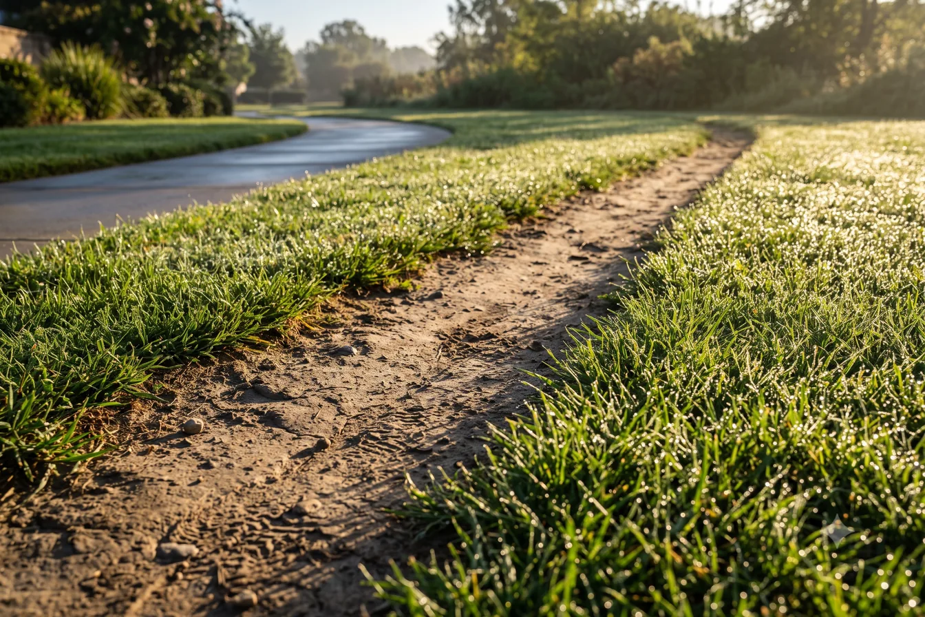 A desire path worn bare through grass, running beside the paved road
