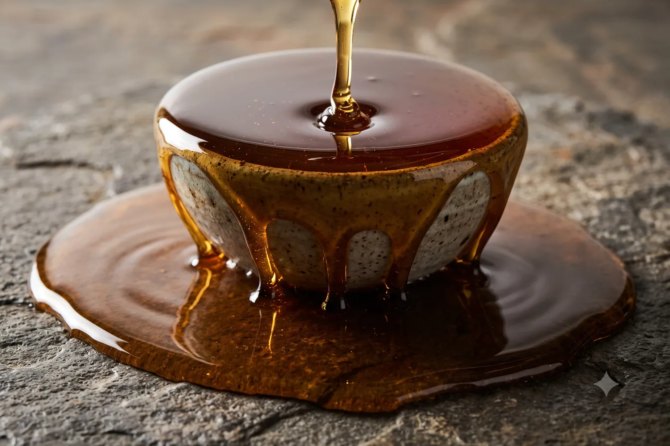 Dark honey poured over a bowl until it overflows and pools on stone