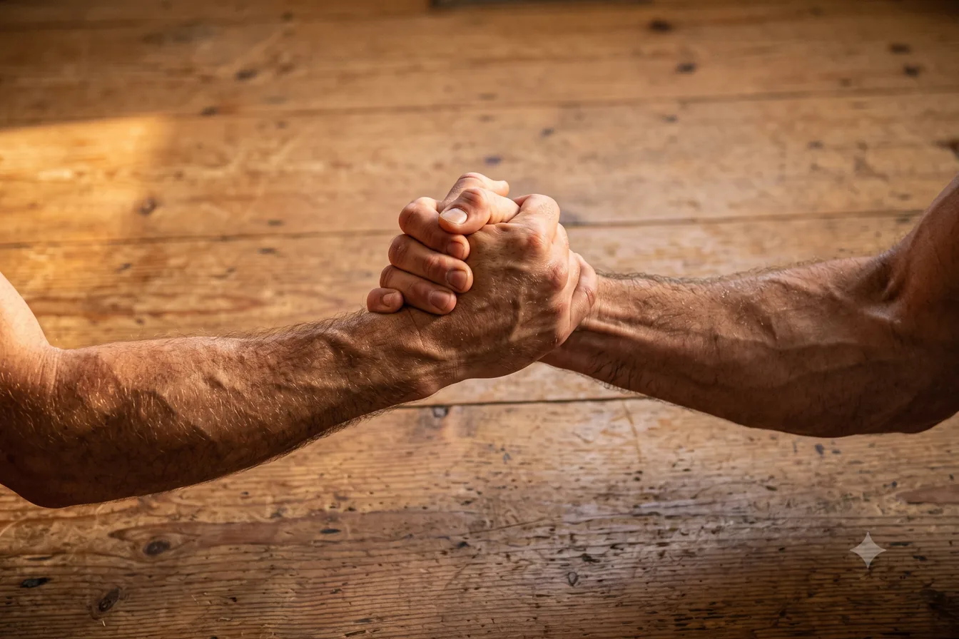 Two forearms locked in a supporting grip across a worn wooden floor