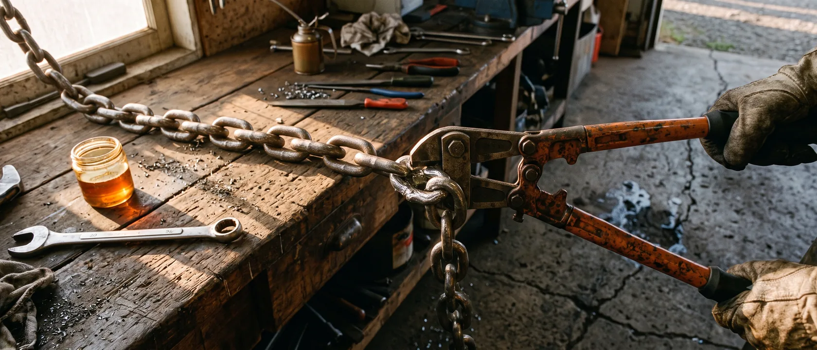 A workbench with tools, a heavy chain and a half-full glass in cracked light