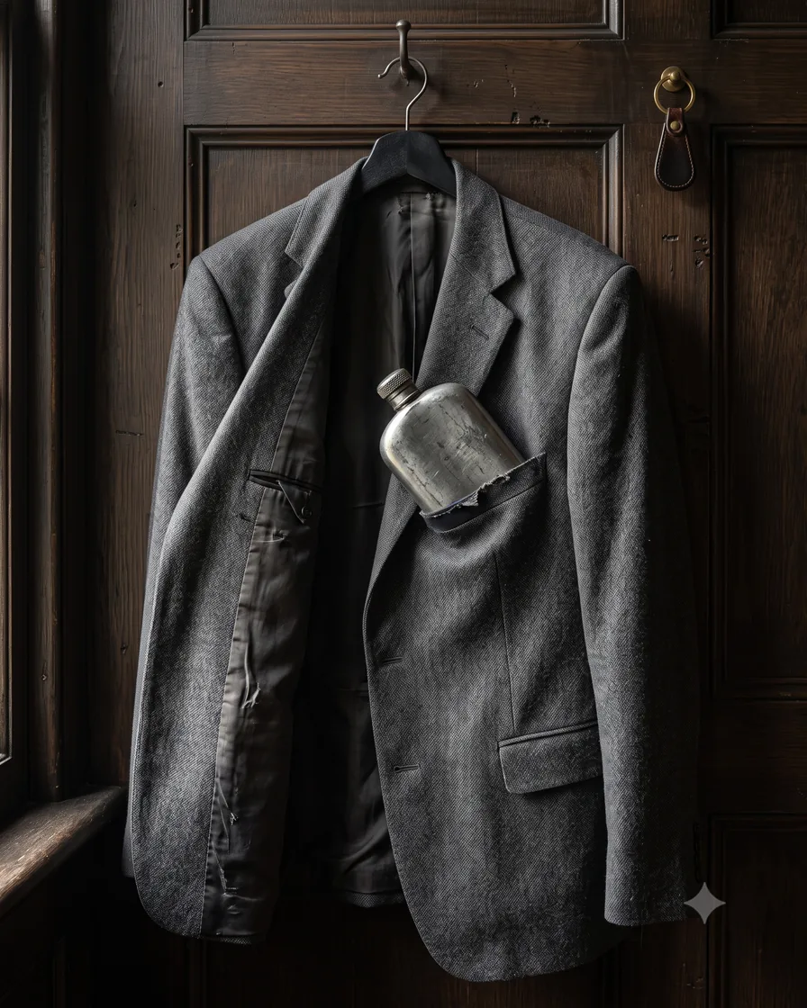 A jacket hanging on a door hook, a tag still attached to the sleeve