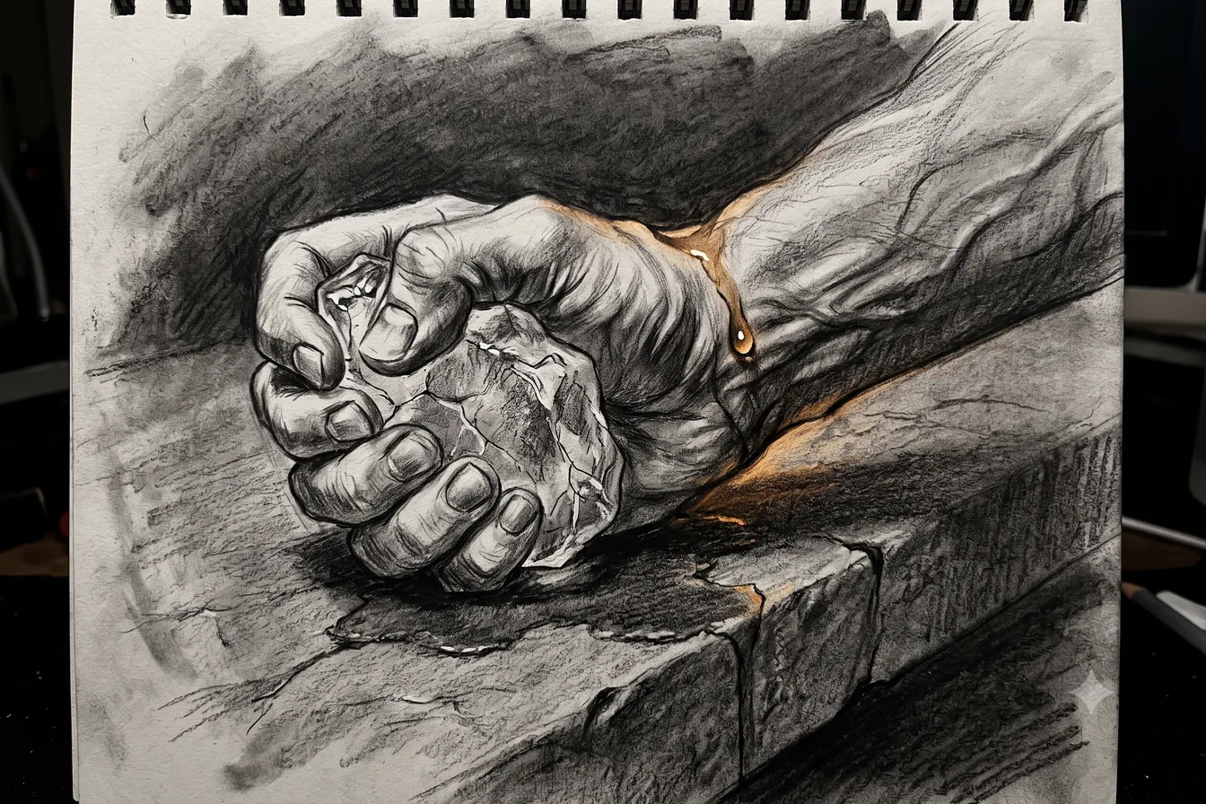 A clenched fist on a workbench, a thin band of gold light in the grip