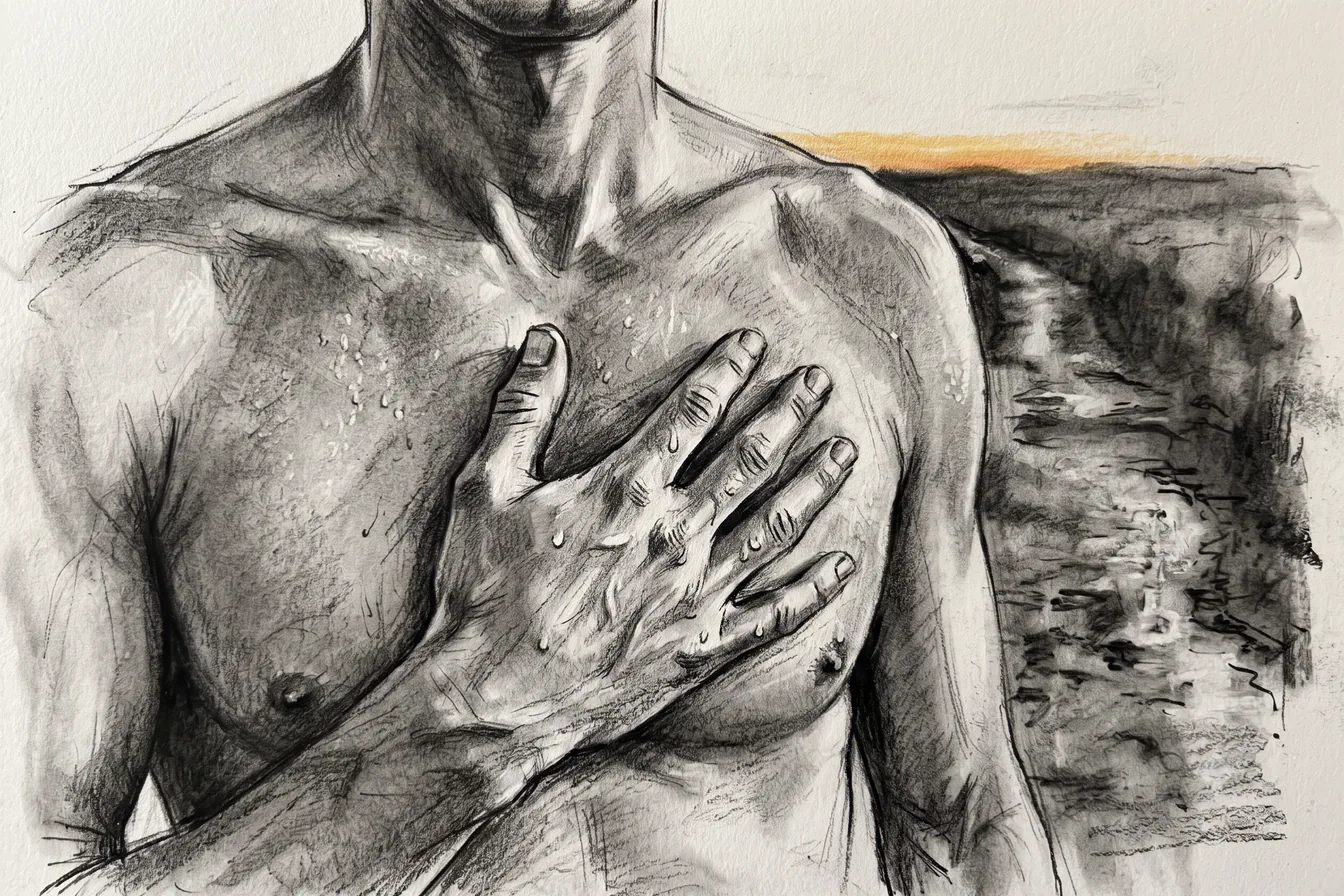 A flat hand laid on a bare chest, tracking the breath from inside