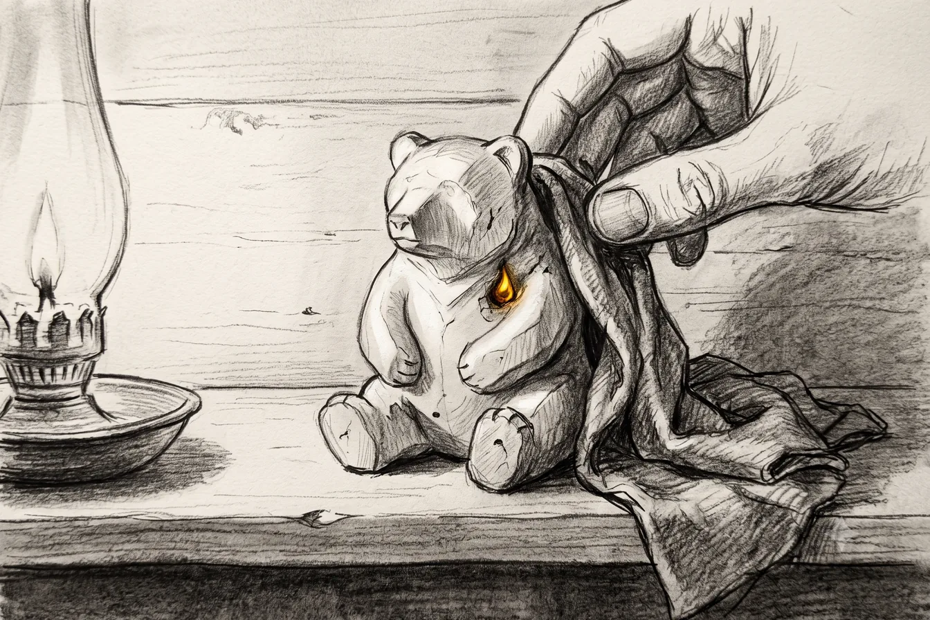 Hands gently wiping a worn teddy bear by the light of an oil lamp