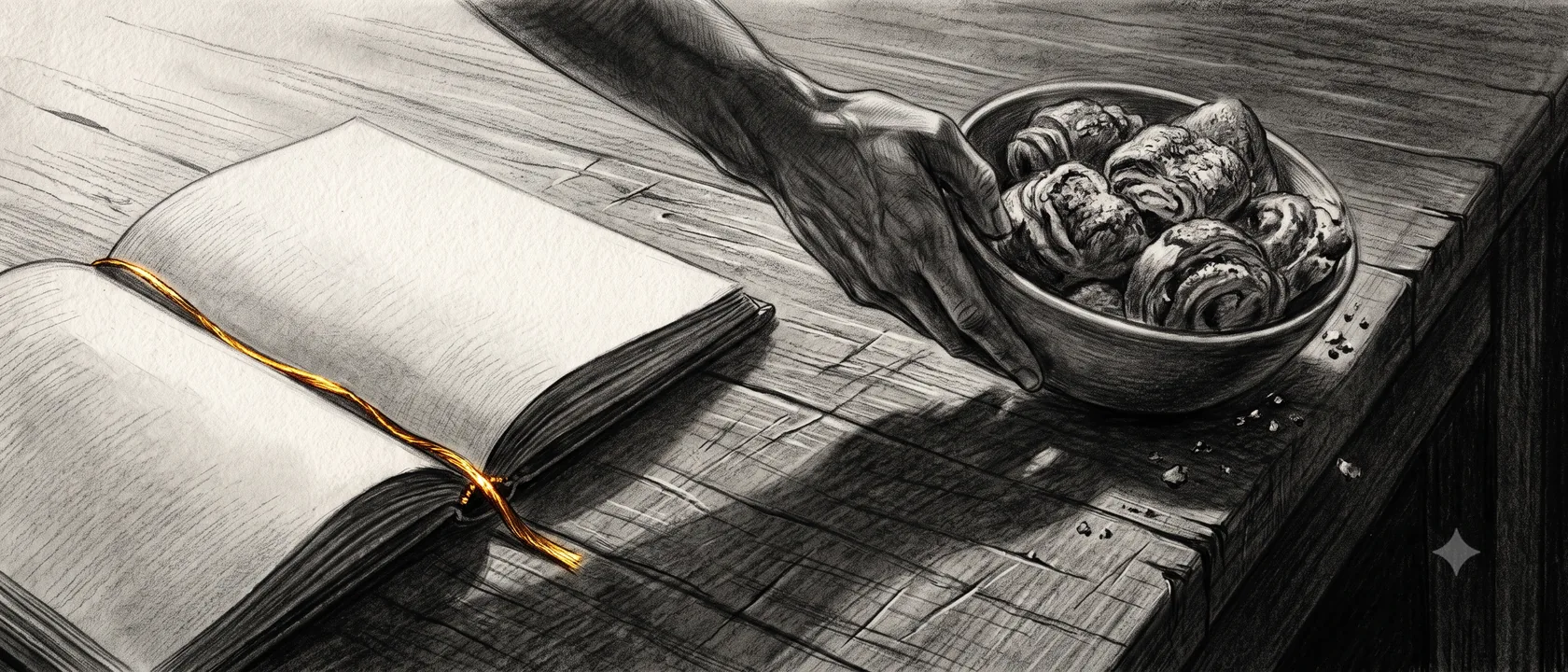 An open book beside a bowl of nuts on a bare table, one gold seam of light