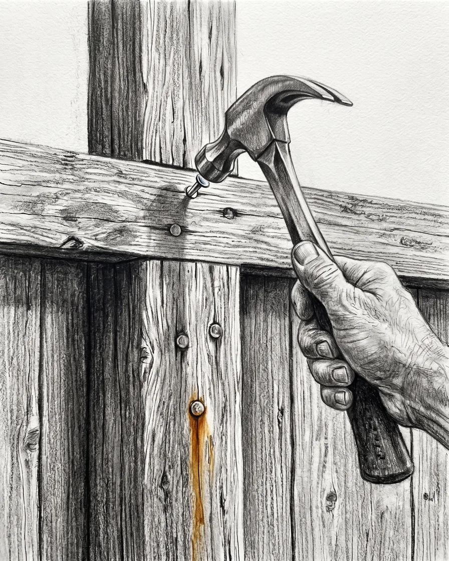 A hammer driving a nail into a weathered fence post, one strike among many