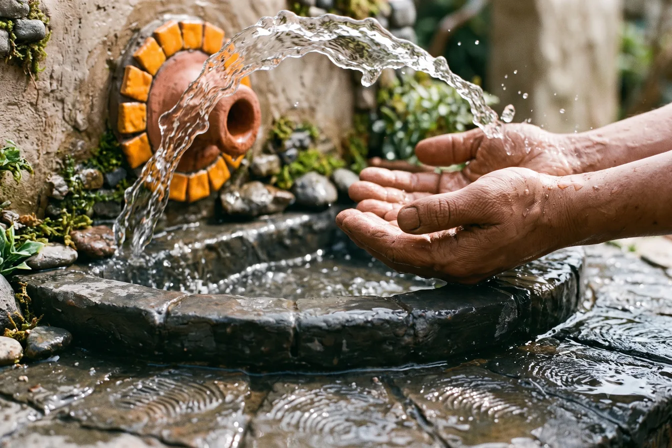 Spring water running from a spout into two cupped hands at a stone basin
