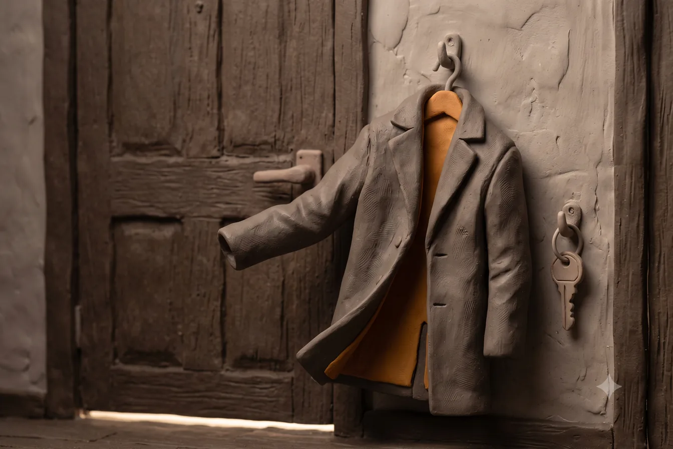 A coat and keys hung on a hook beside a closed door, set ready