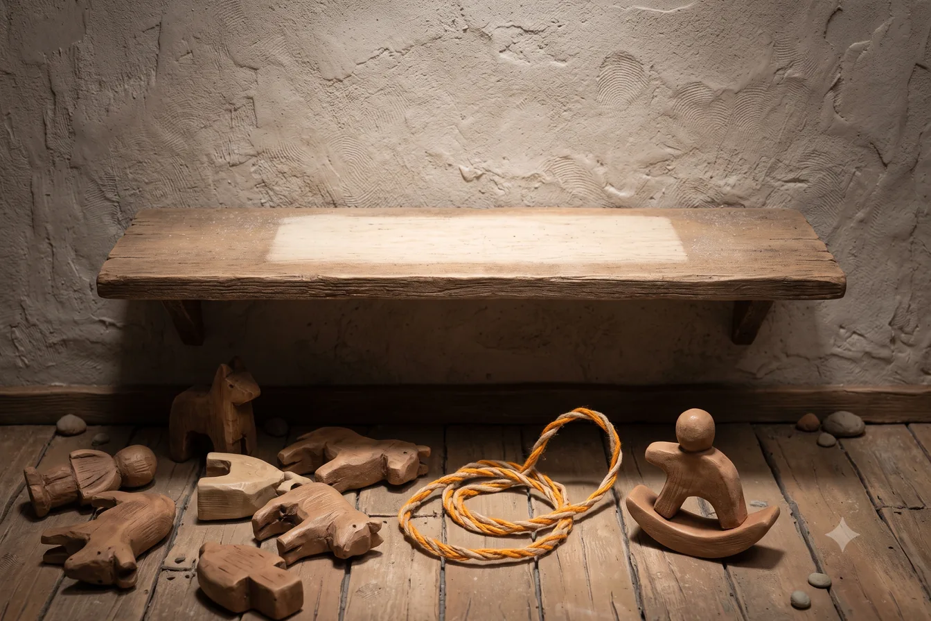 A worn bench with carved animals and a coiled rope on the floor beneath