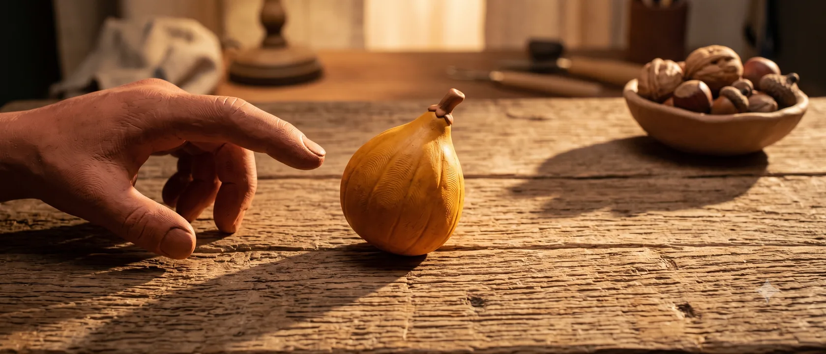 A hand reaching across a table toward a single bulb beside a bowl of nuts