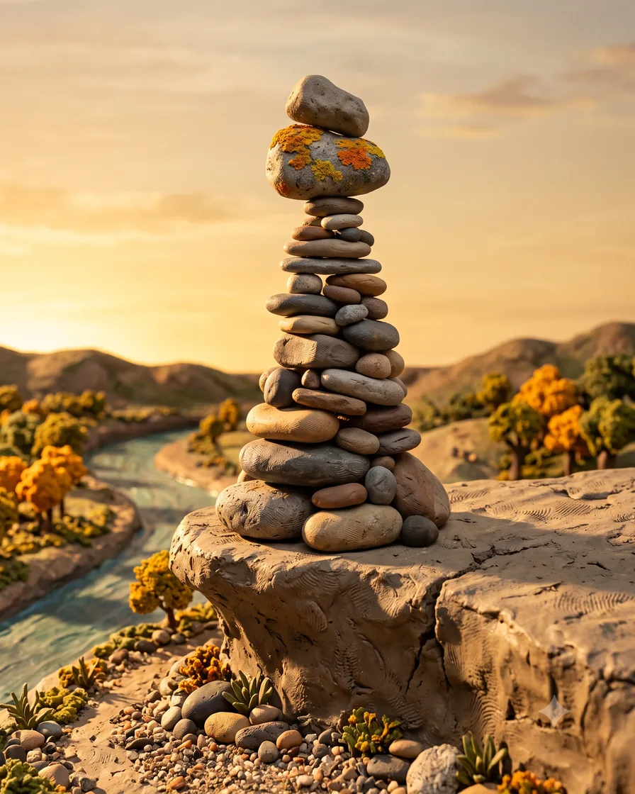 A cairn of balanced stones on a ridge above a river at sunrise