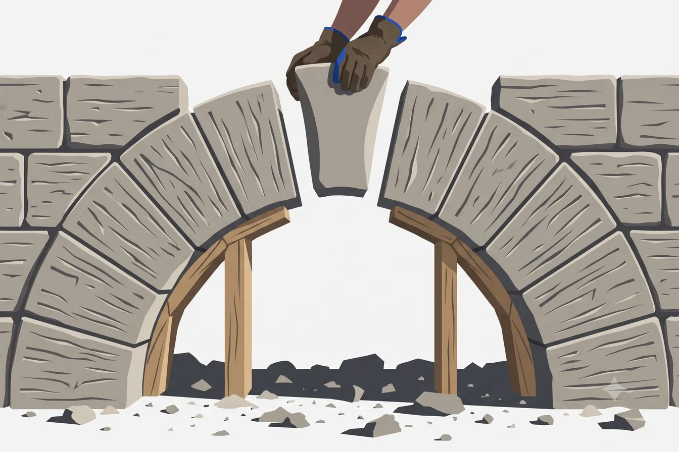 Gloved hands lowering the keystone into the crown of a half-built arch
