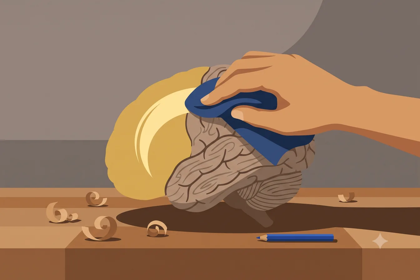 A brain-shaped block being sanded smooth on a workbench, shavings curling