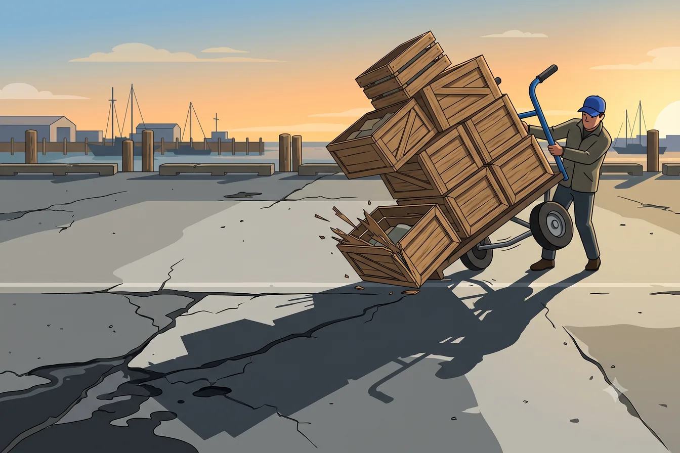 An overloaded hand truck tipping as its wheels catch a crack in the concrete
