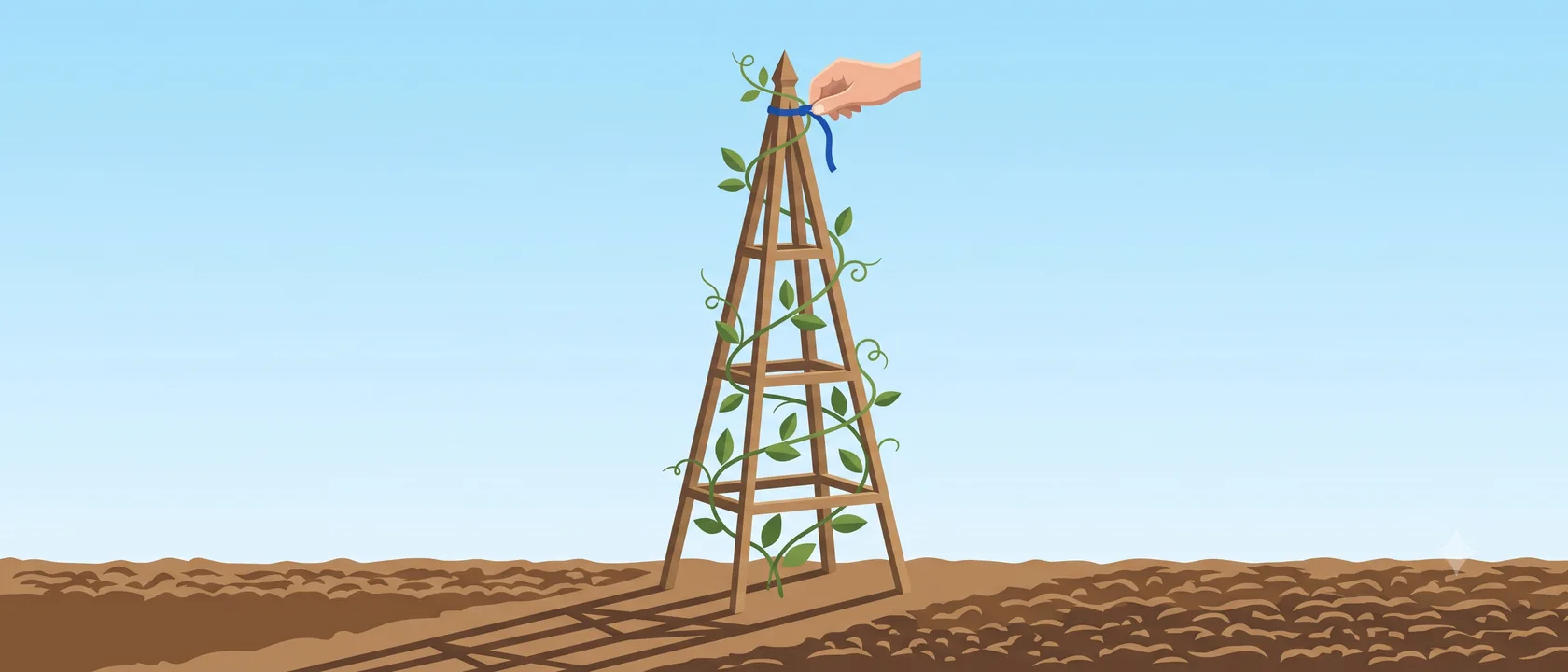 A bare trellis in tilled earth with a young vine starting up its frame