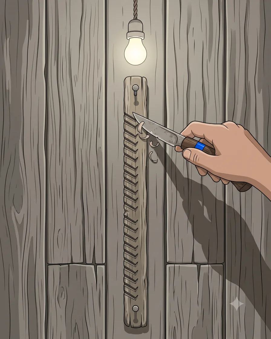 A hand pulling a cord switch on a panelled wall, the bulb lit above