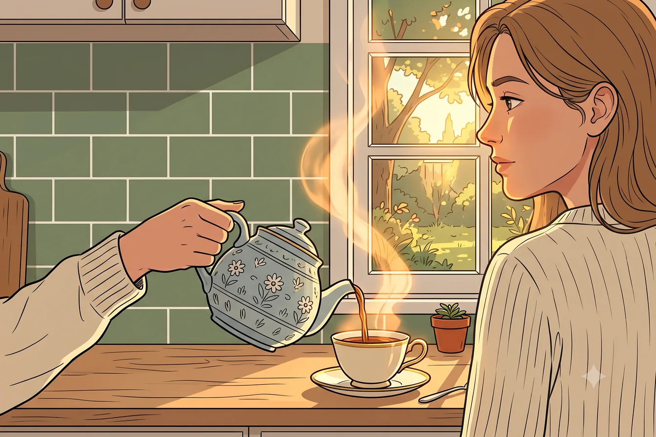 A hand pouring tea from a patterned pot at a sunlit kitchen window