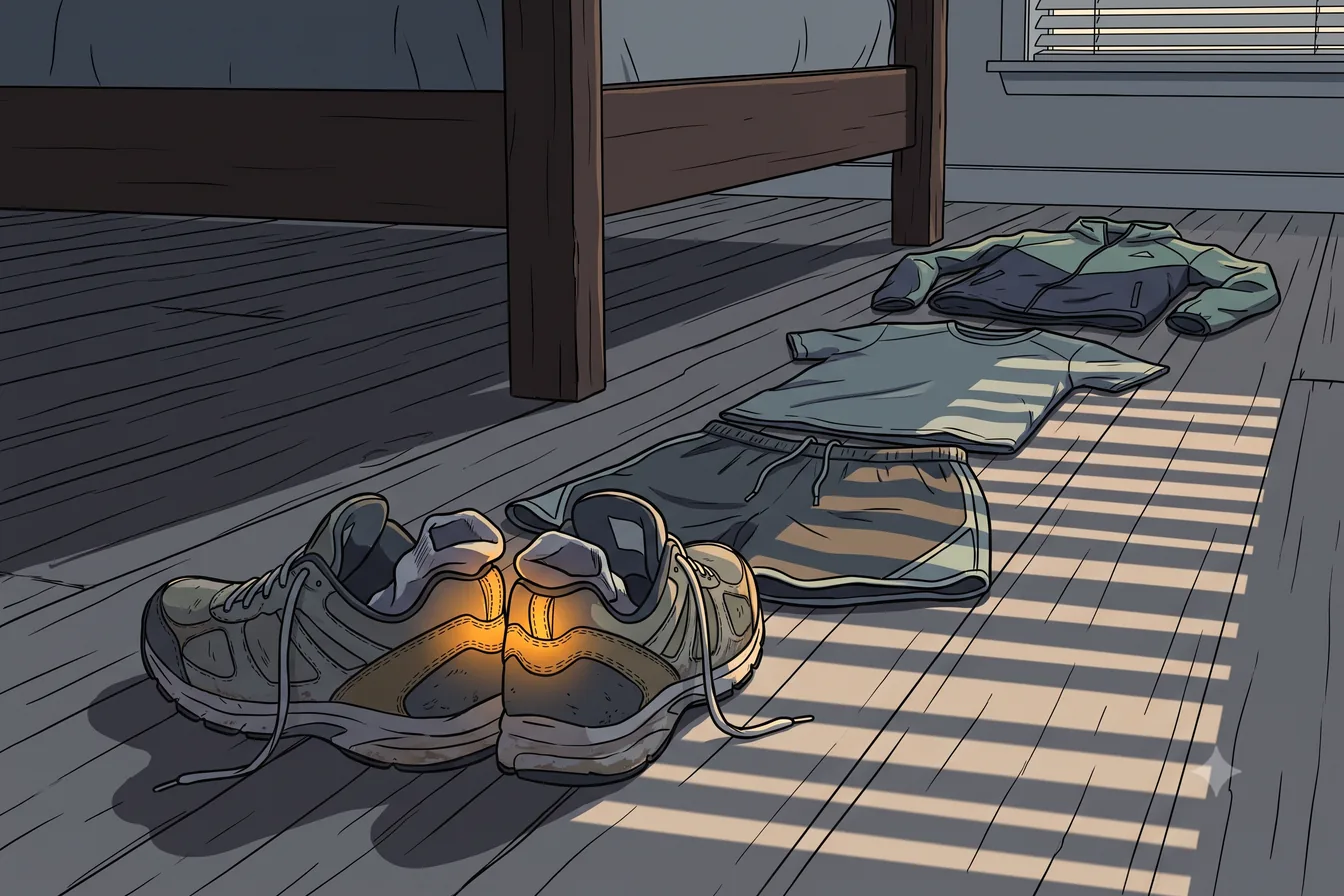 Running shoes and folded clothes set out on the floor beside a bed